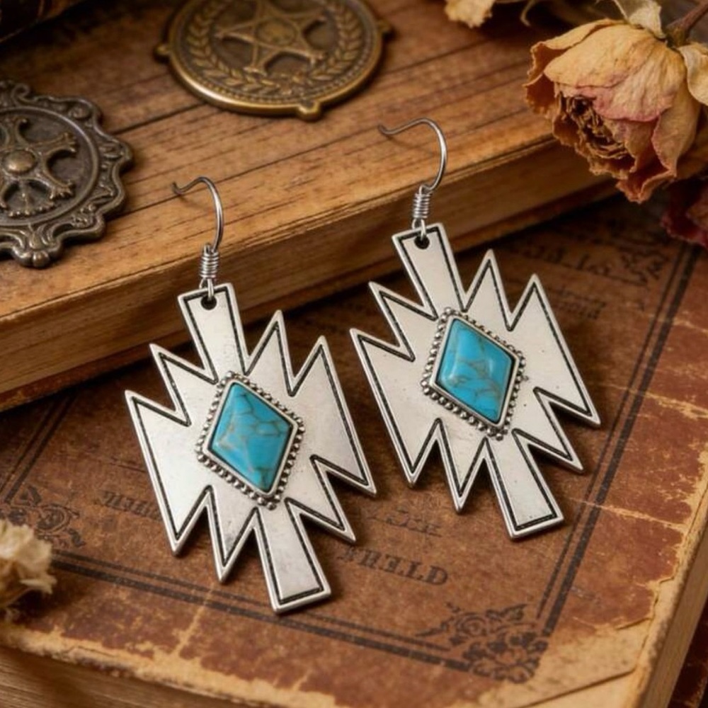Silver-Tone Southwestern Turquoise Inspired Dangle Earrings NEW